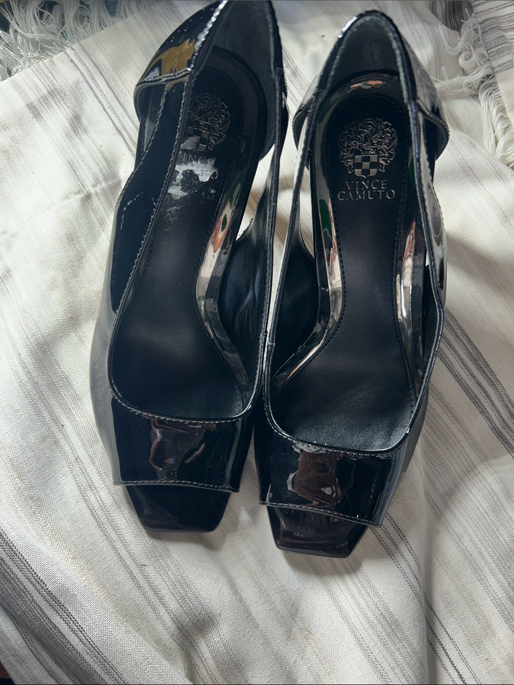 Vince Camuto Black Patent Peep-Toe Slingback Heels